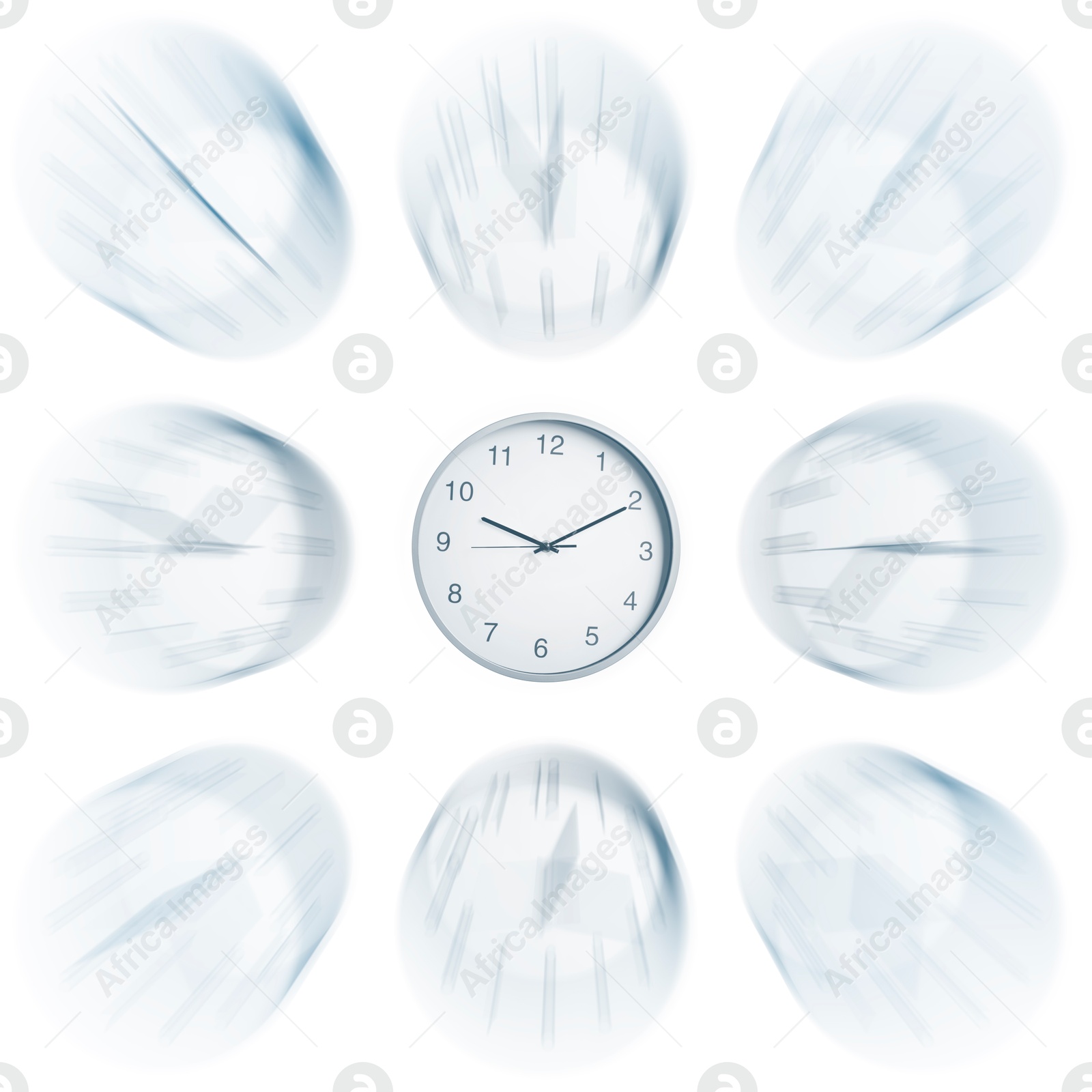 Image of Many clocks on white background, motion blur effect. Time concept