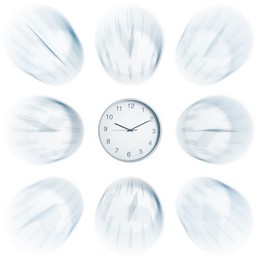 Many clocks on white background, motion blur effect. Time concept