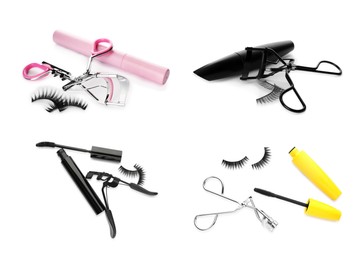 Image of Set with different eyelash curlers on white background 
