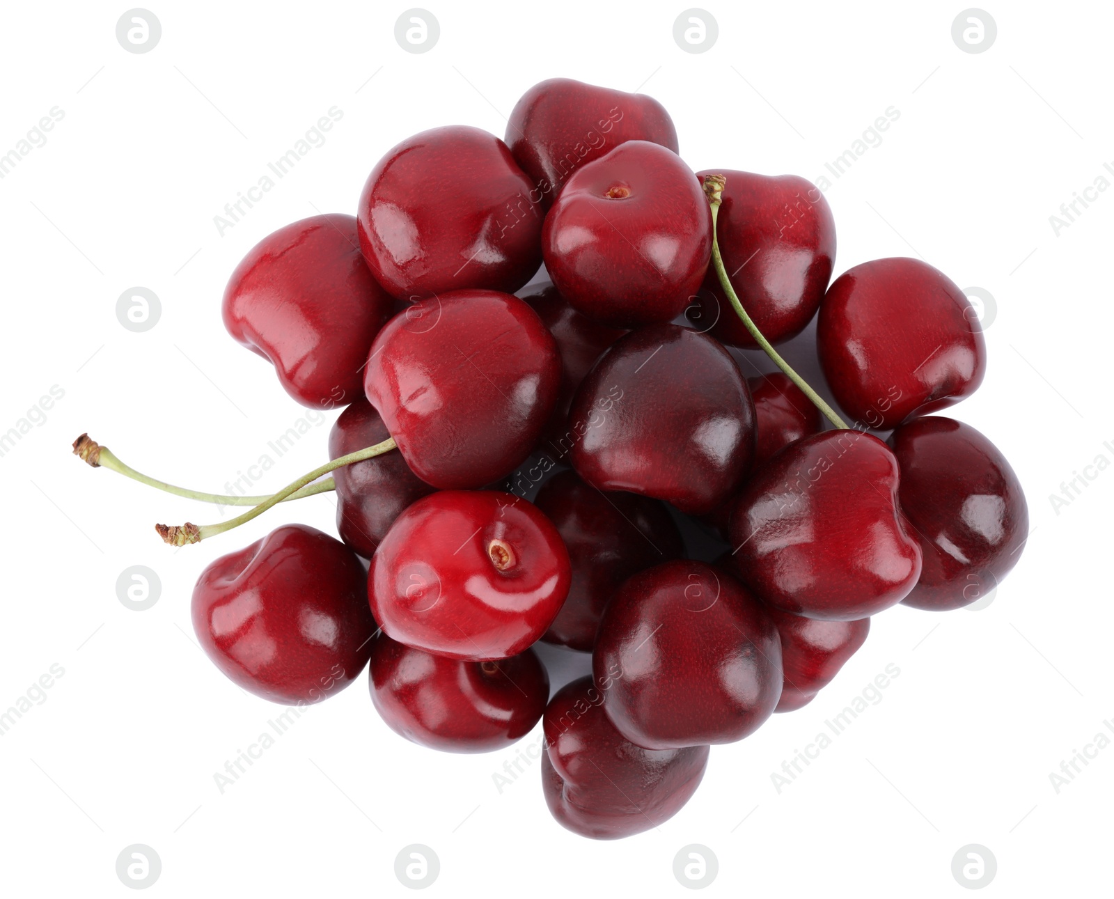 Photo of Tasty ripe red cherries isolated on white, top view