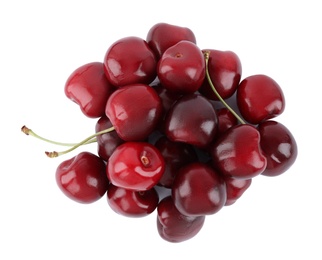 Photo of Tasty ripe red cherries isolated on white, top view