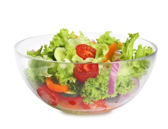 Photo of Tasty fresh Greek salad on white background