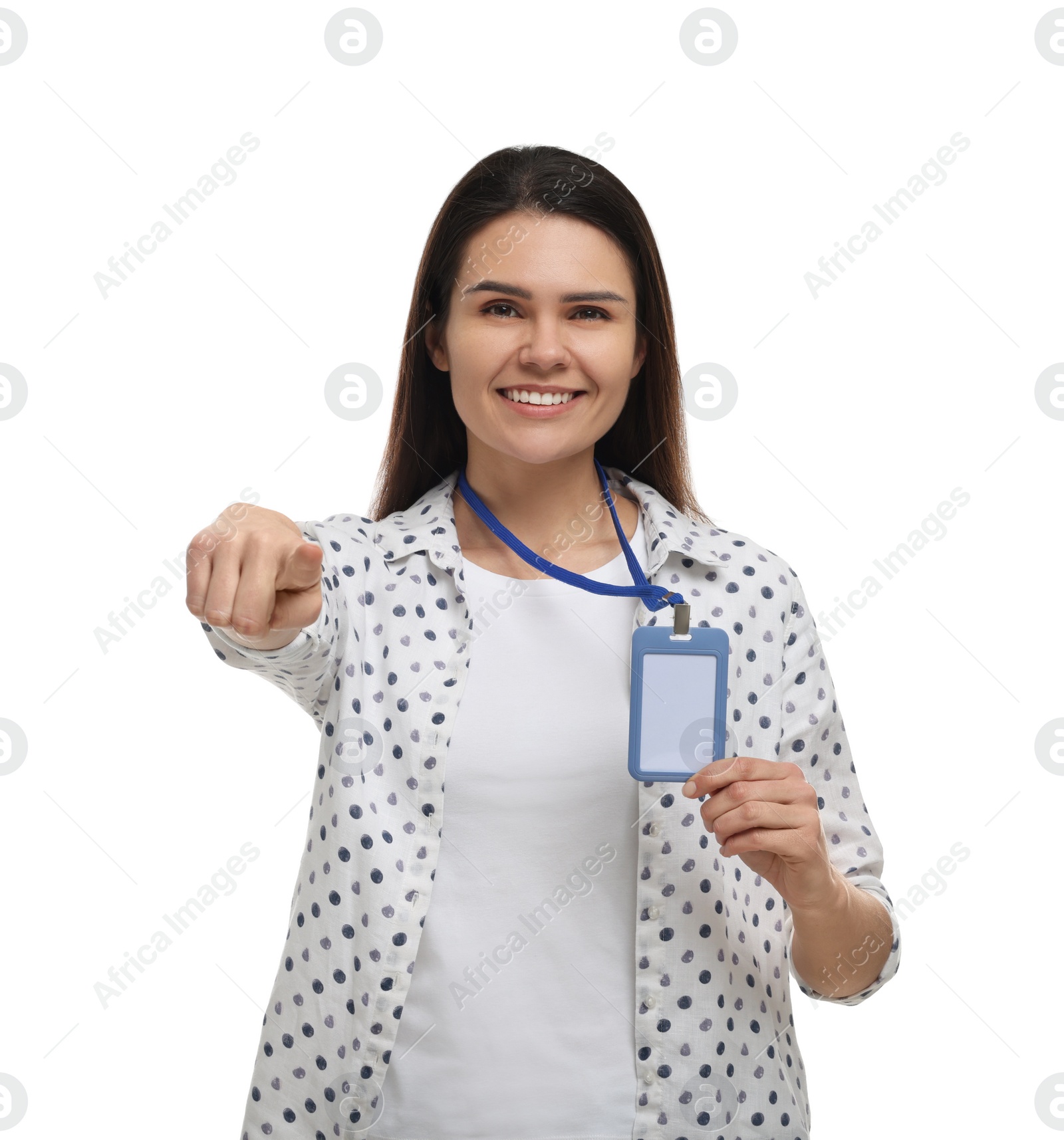 Photo of Happy woman with vip pass badge on white background