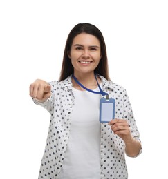 Happy woman with vip pass badge on white background