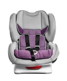 Empty modern child safety car seat on white background