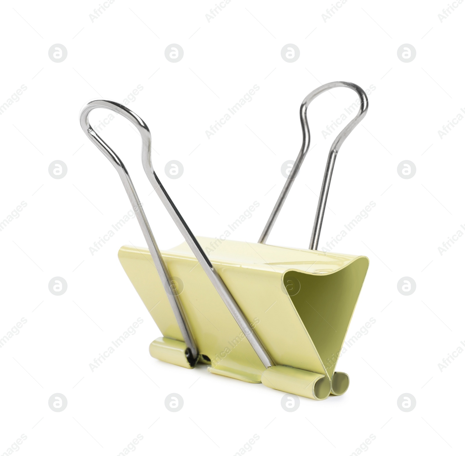 Photo of Yellow binder clip isolated on white. Stationery item