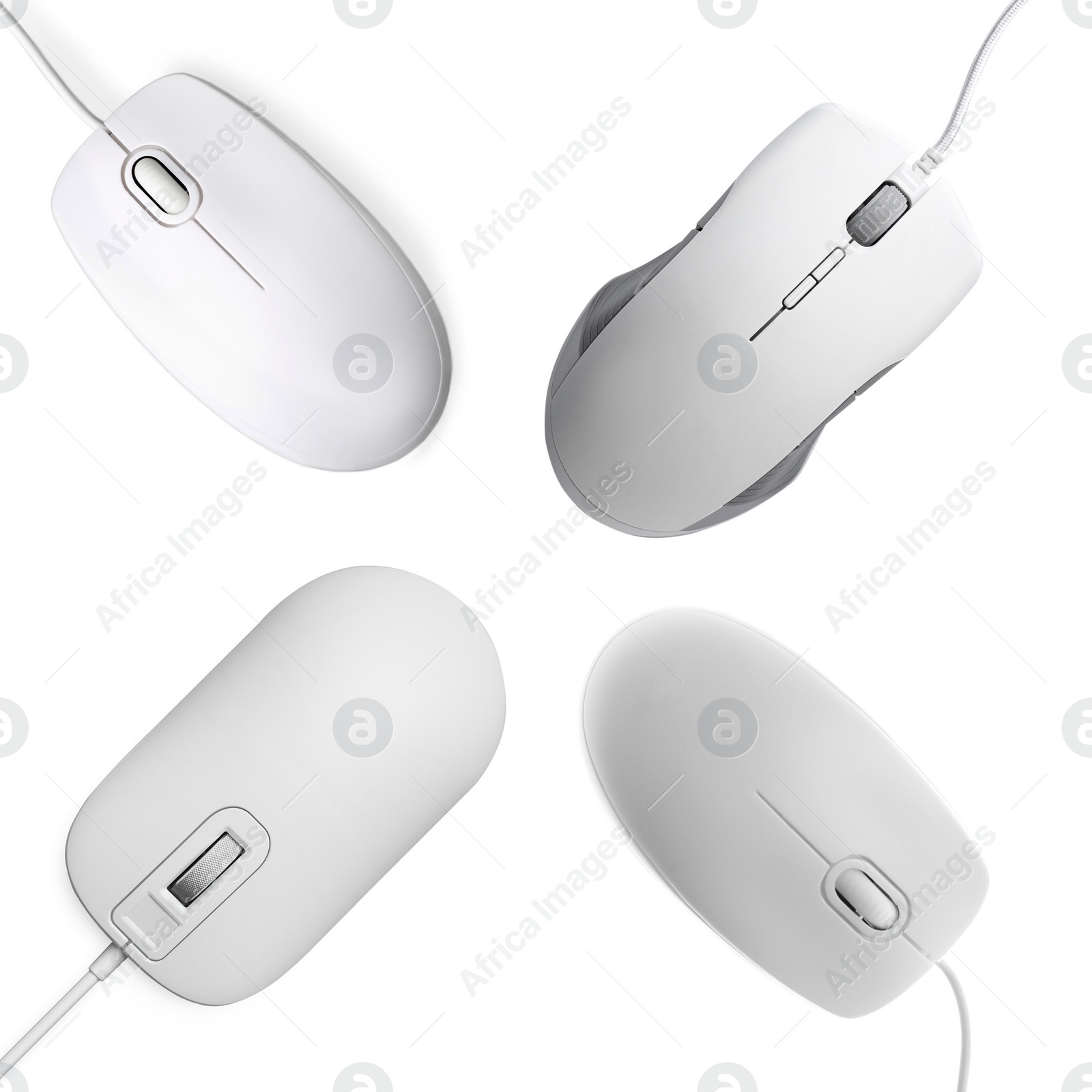 Image of Modern computer mouse collection on white background, top view