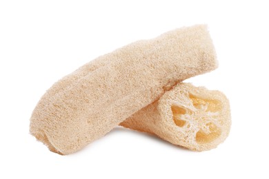 Photo of Loofah sponges isolated on white. Personal hygiene product