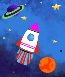 Illustration of Drawingrocket in space. Child art