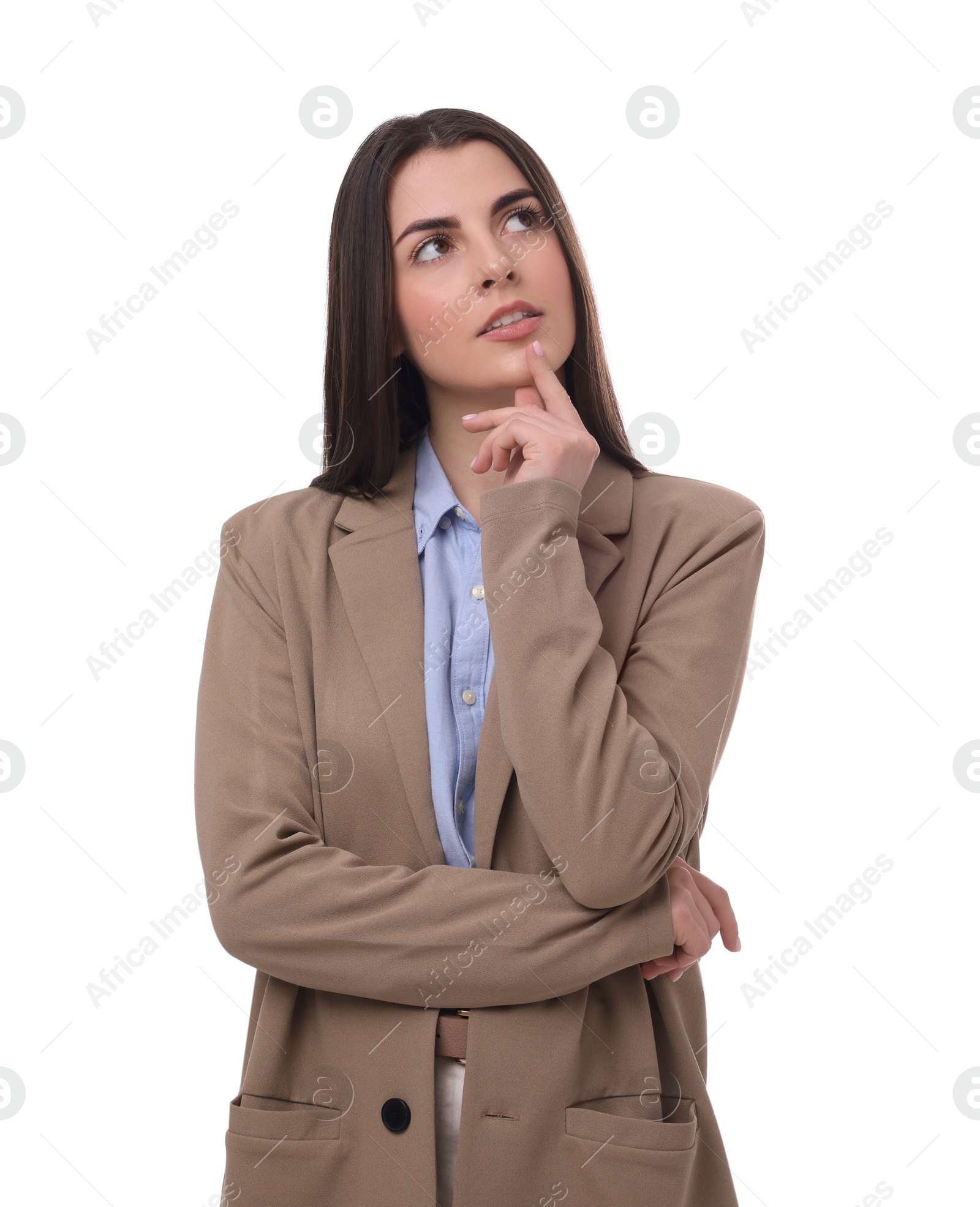 Photo of Beautiful pensive businesswoman in suit on white background