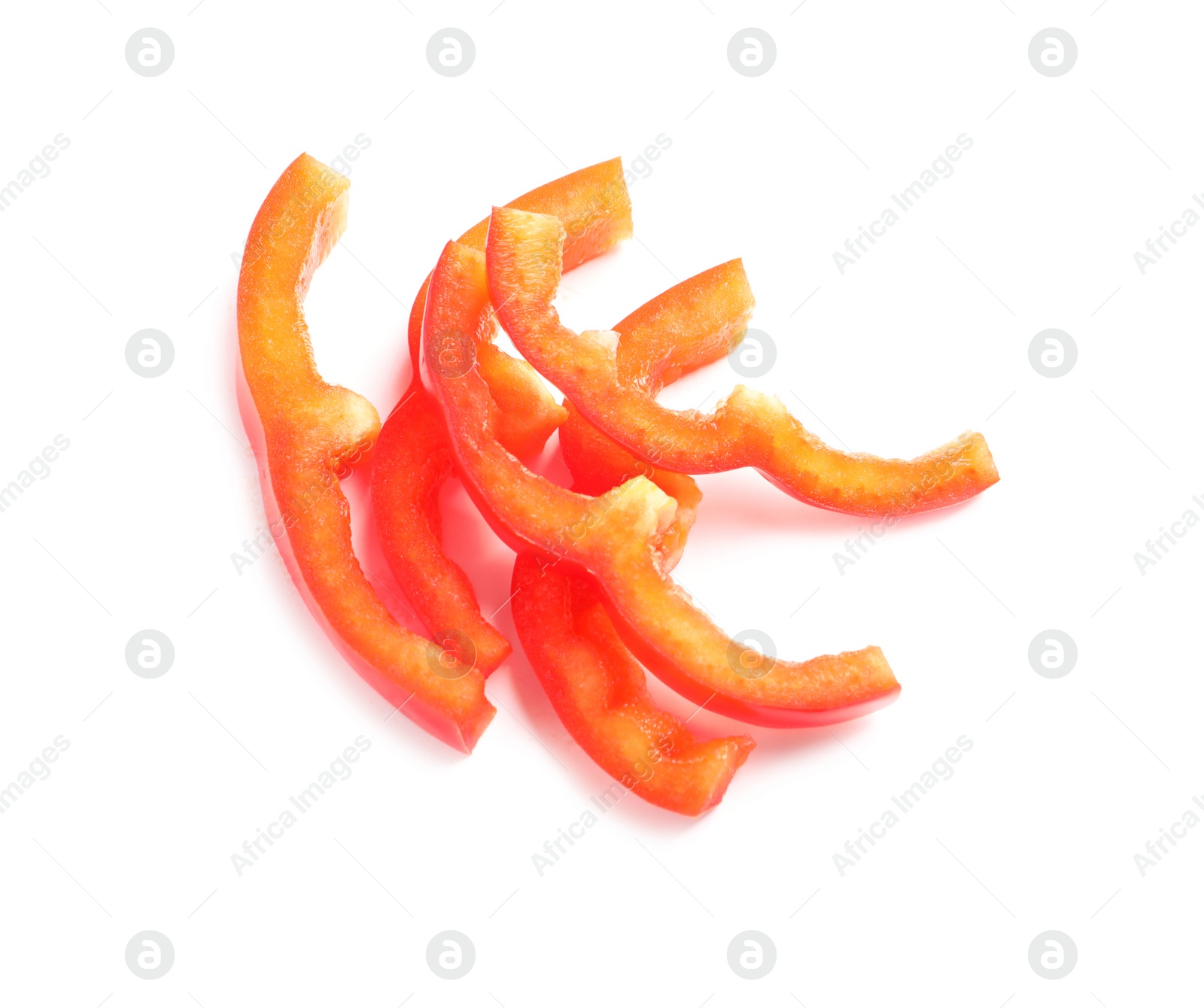 Photo of Slices of ripe red bell pepper on white background