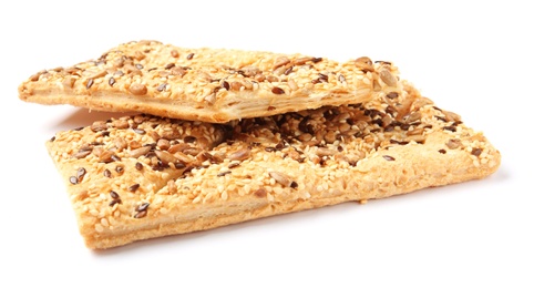 Photo of Grain cereal cookies on white background. Healthy snack