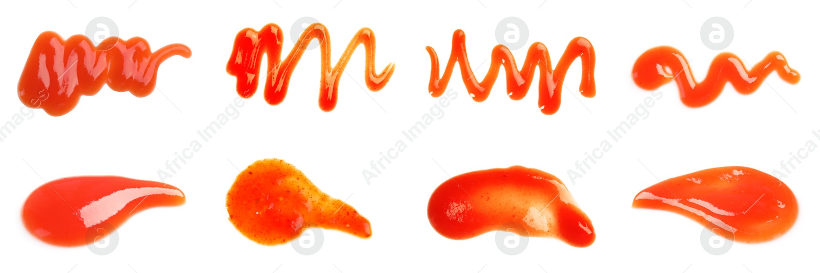 Image of Set of delicious tomato sauce on white background, top view. Banner design