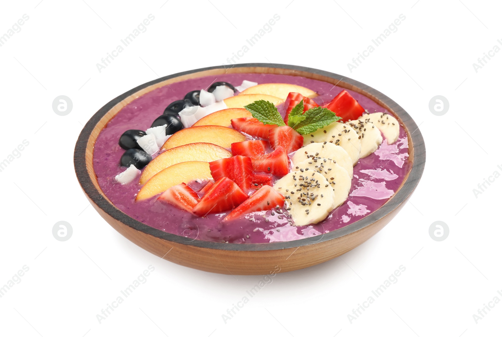 Photo of Healthy breakfast with delicious acai smoothie and fruits in bowl isolated on white