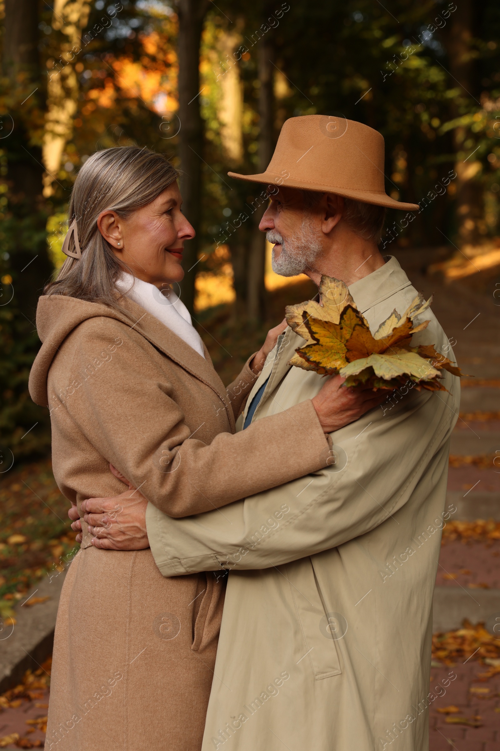 Photo of Affectionate senior couple with dry leaves in autumn park