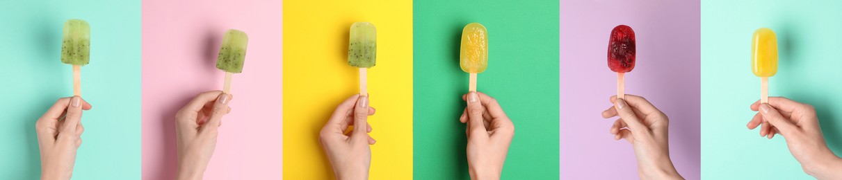 Collage with photos of woman holding tasty fruit ice pops on different color backgrounds. Banner design