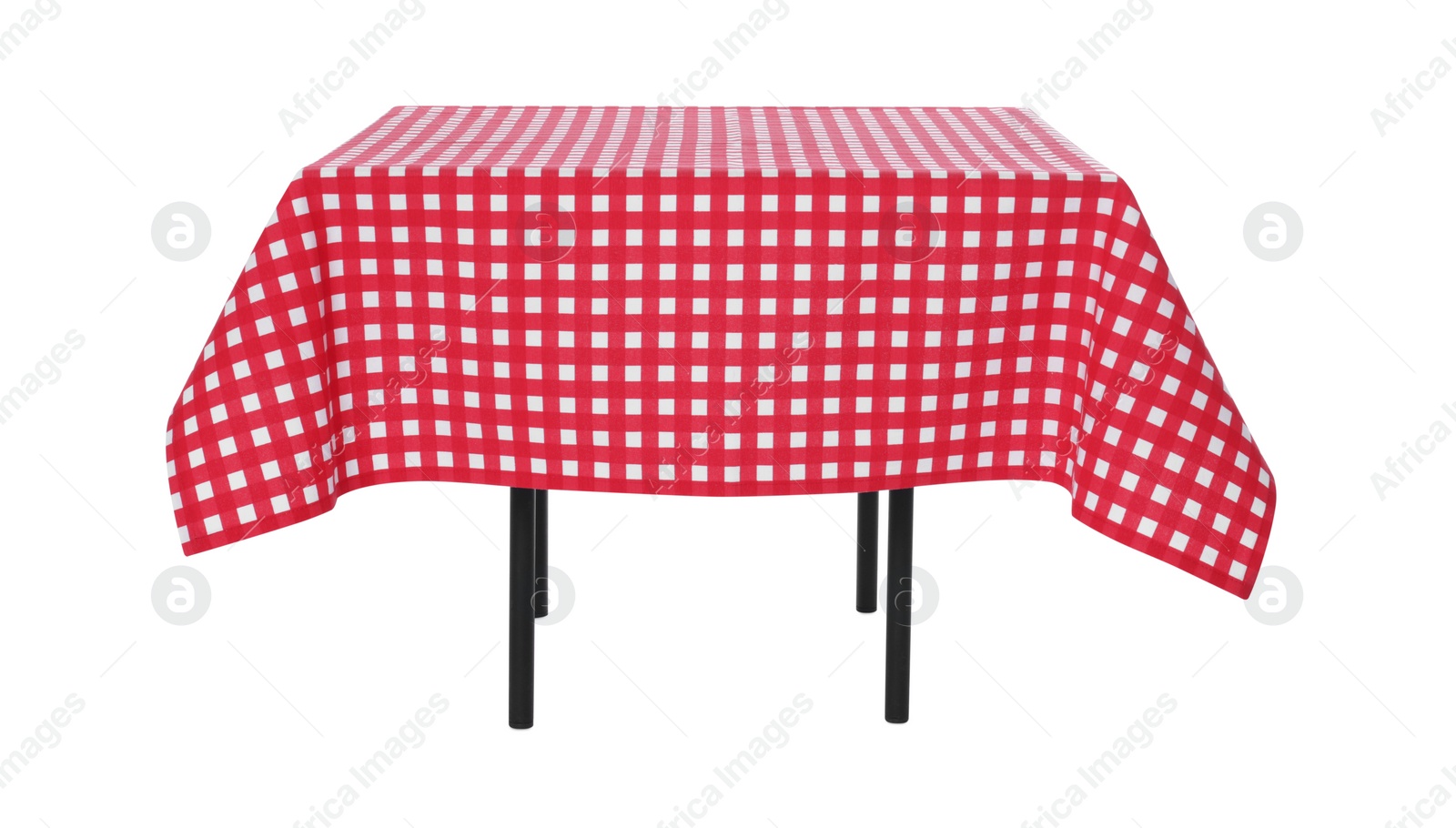 Photo of Table with red checkered tablecloth isolated on white