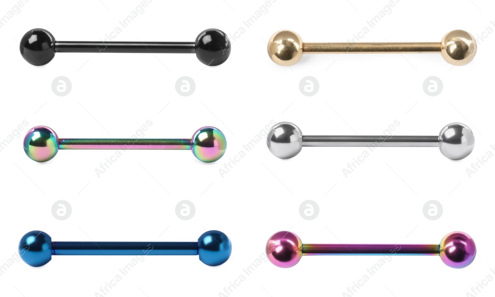 Image of Set with different piercing jewelry on white background