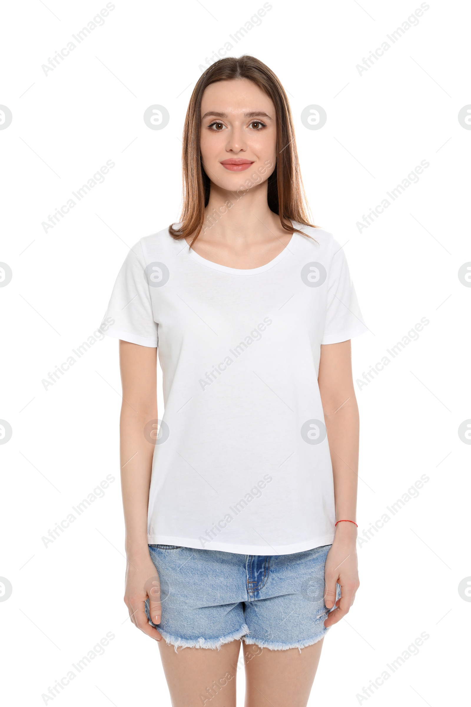 Photo of Young woman in t-shirt on white background. Mock up for design