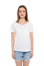 Young woman in t-shirt on white background. Mock up for design