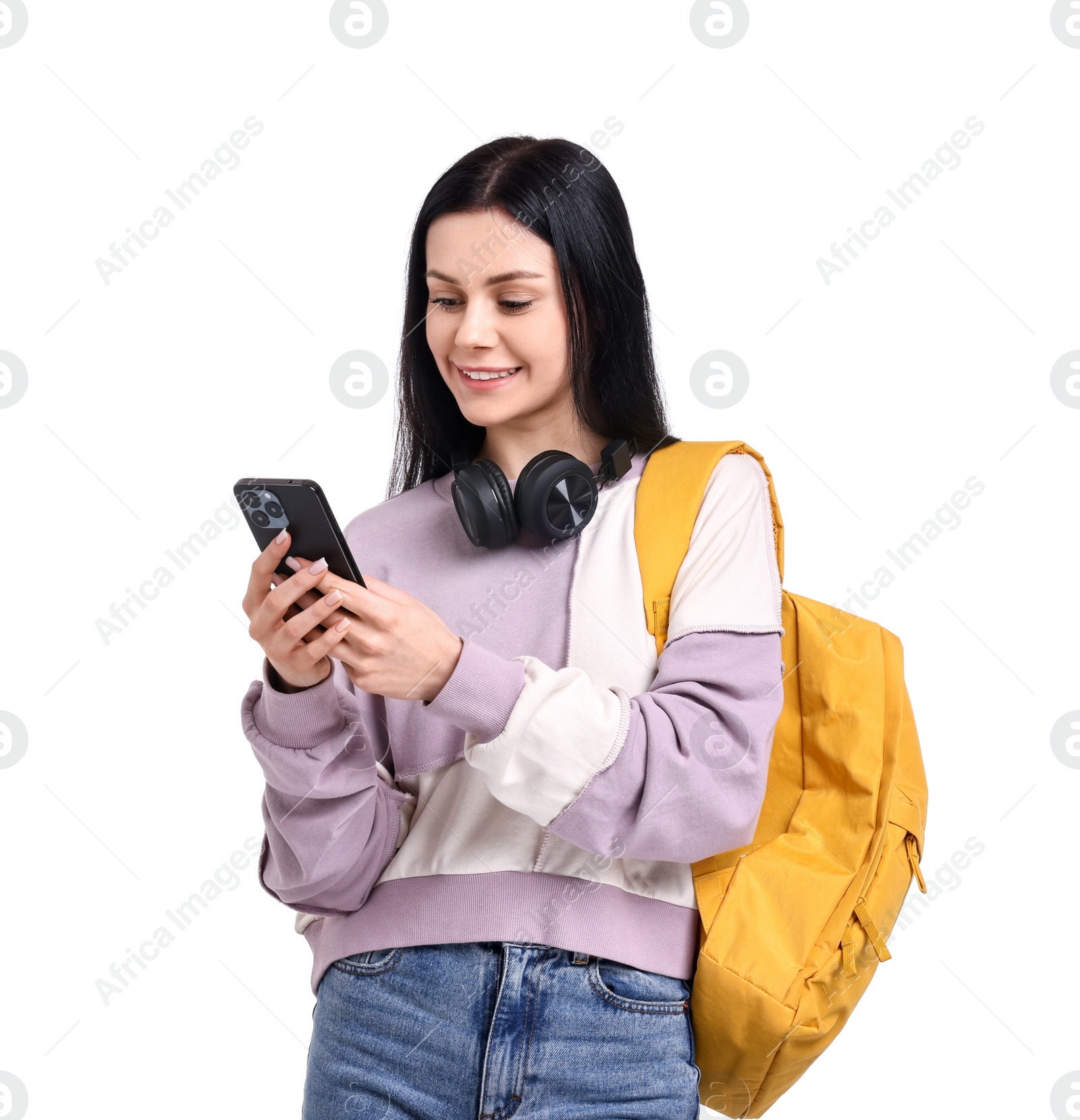 Photo of Smiling student with smartphone on white background