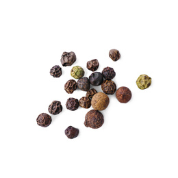 Photo of Heap of mixed peppercorns isolated on white, top view