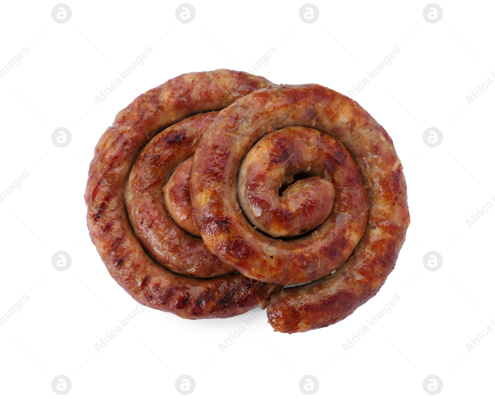 Photo of Rings of delicious homemade sausage isolated on white, top view