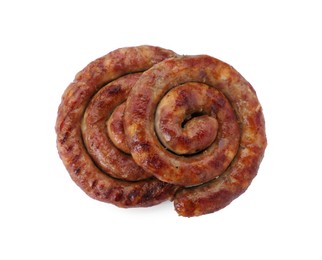 Photo of Rings of delicious homemade sausage isolated on white, top view