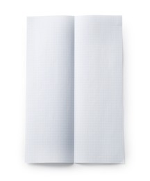 Photo of Checkered sheet of paper with crease on white background, top view