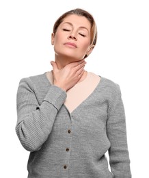 Photo of Woman suffering from sore throat on white background