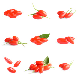 Image of Set of fresh goji berries on white background