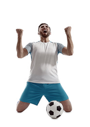 Image of Young emotional football player on white background