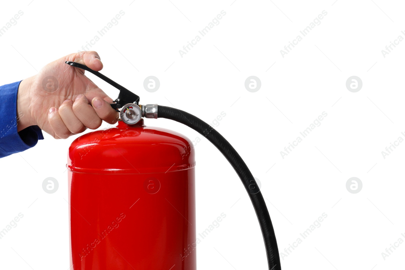 Photo of Man with fire extinguisher on white background, closeup