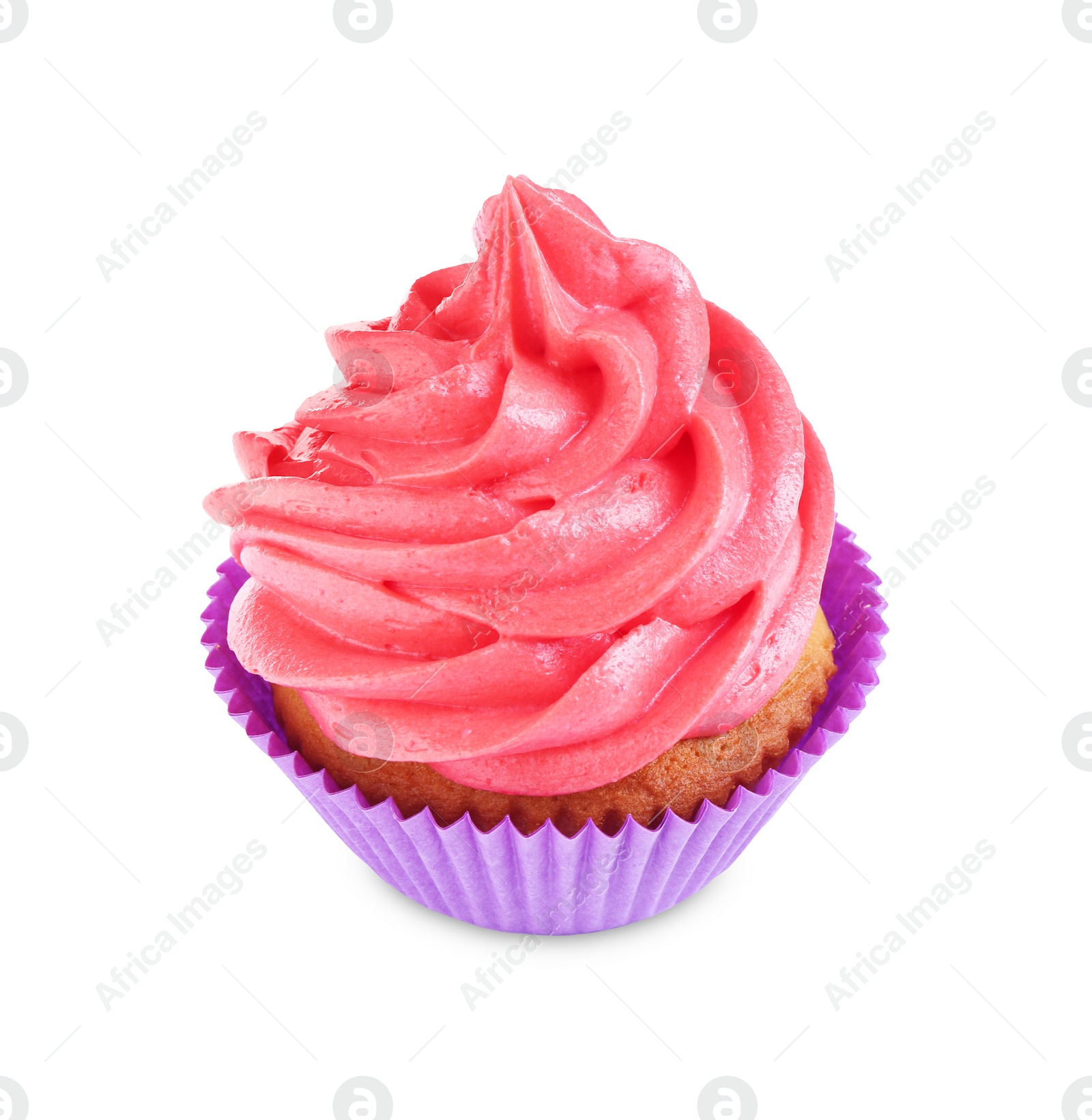 Photo of Delicious cupcake with pink cream isolated on white