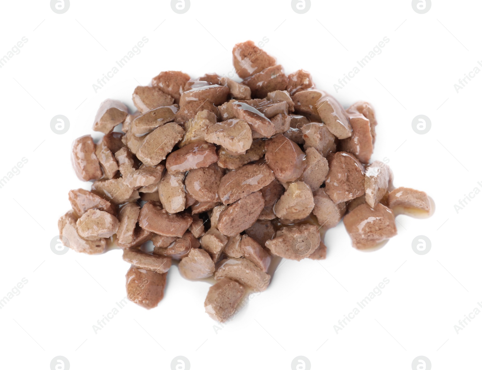 Photo of Pile of wet pet food isolated on white, top view