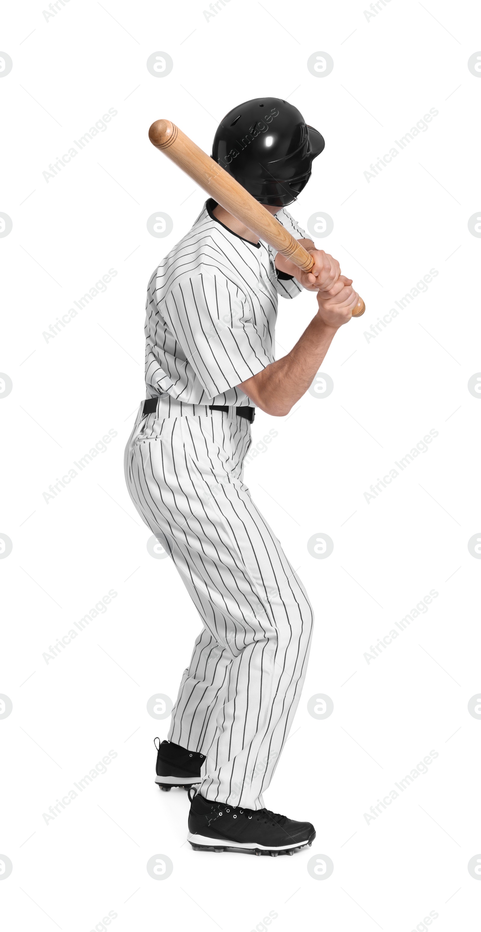 Photo of Baseball player taking swing with bat on white background, back view