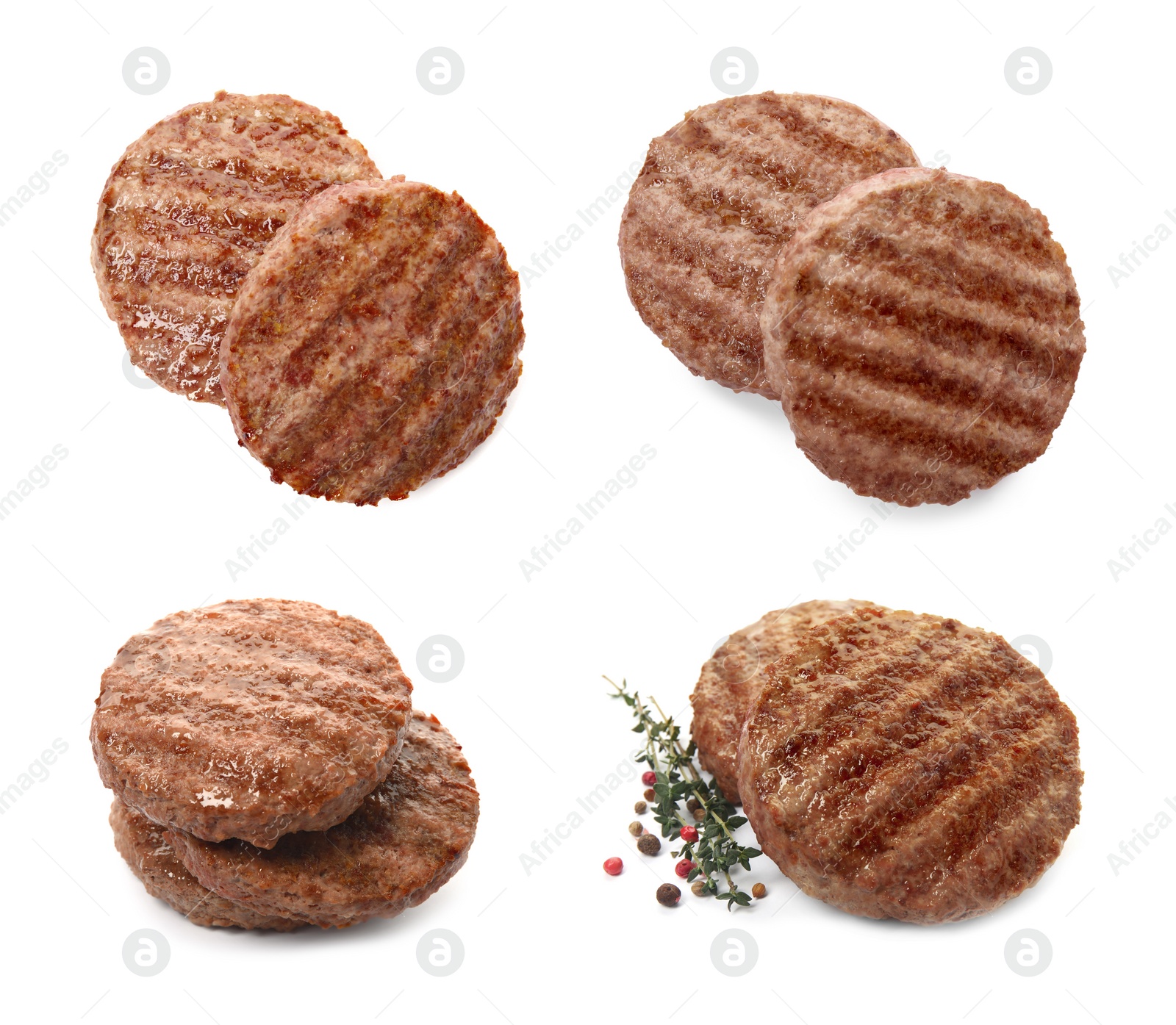 Image of Set with tasty grilled hamburger patties on white background