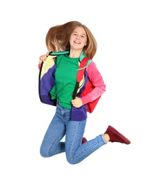 Photo of Happy teenager girl in casual clothes on white background