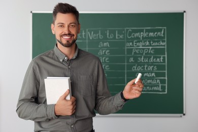 Photo of Happy teacher with book explaining English at blackboard in classroom