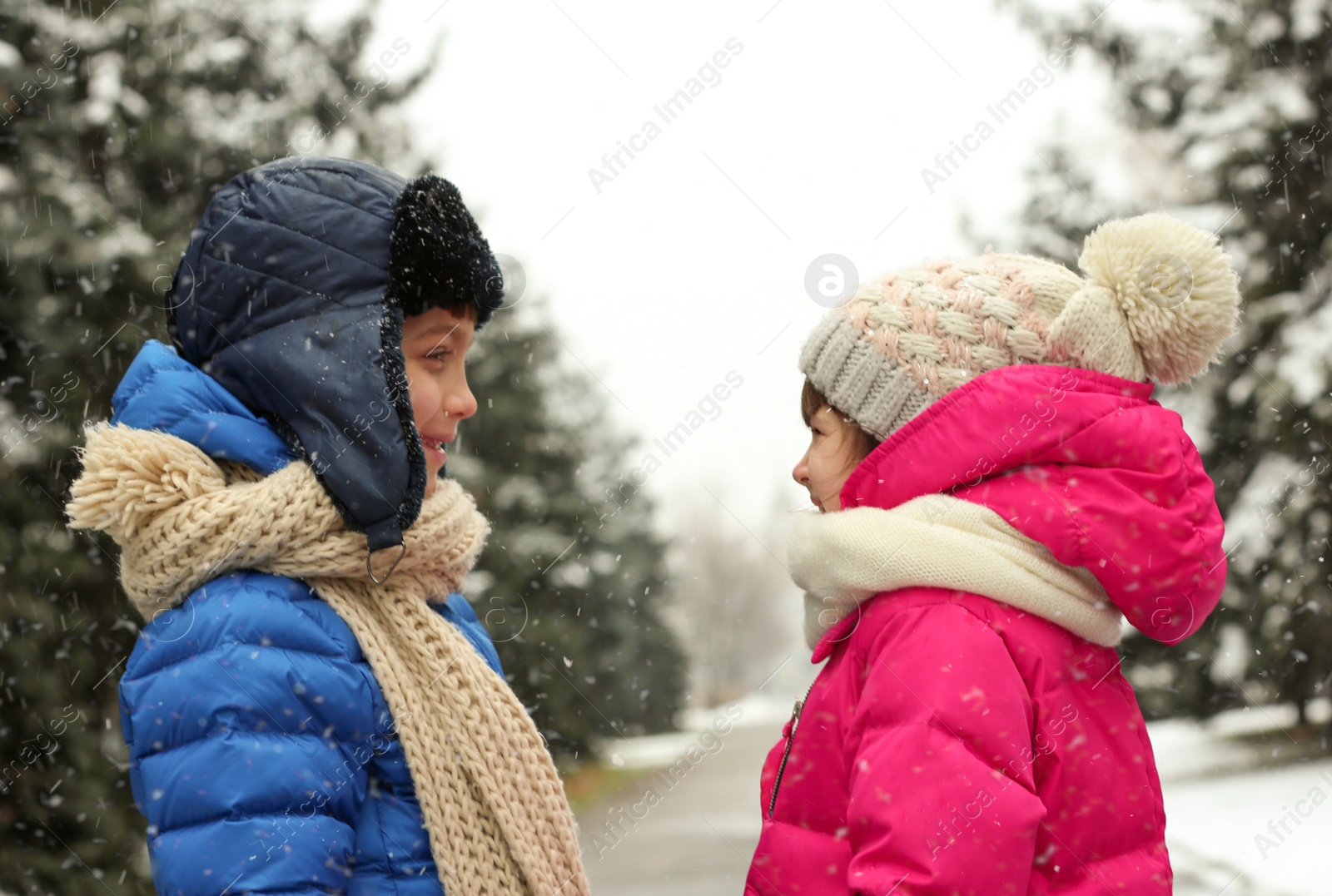 Photo of Cute little children outdoors on snowy day