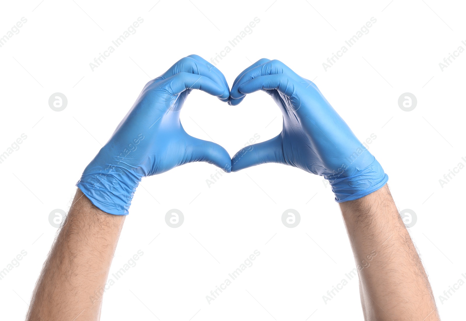 Photo of Doctor in medical gloves making heart with hands on white background, closeup