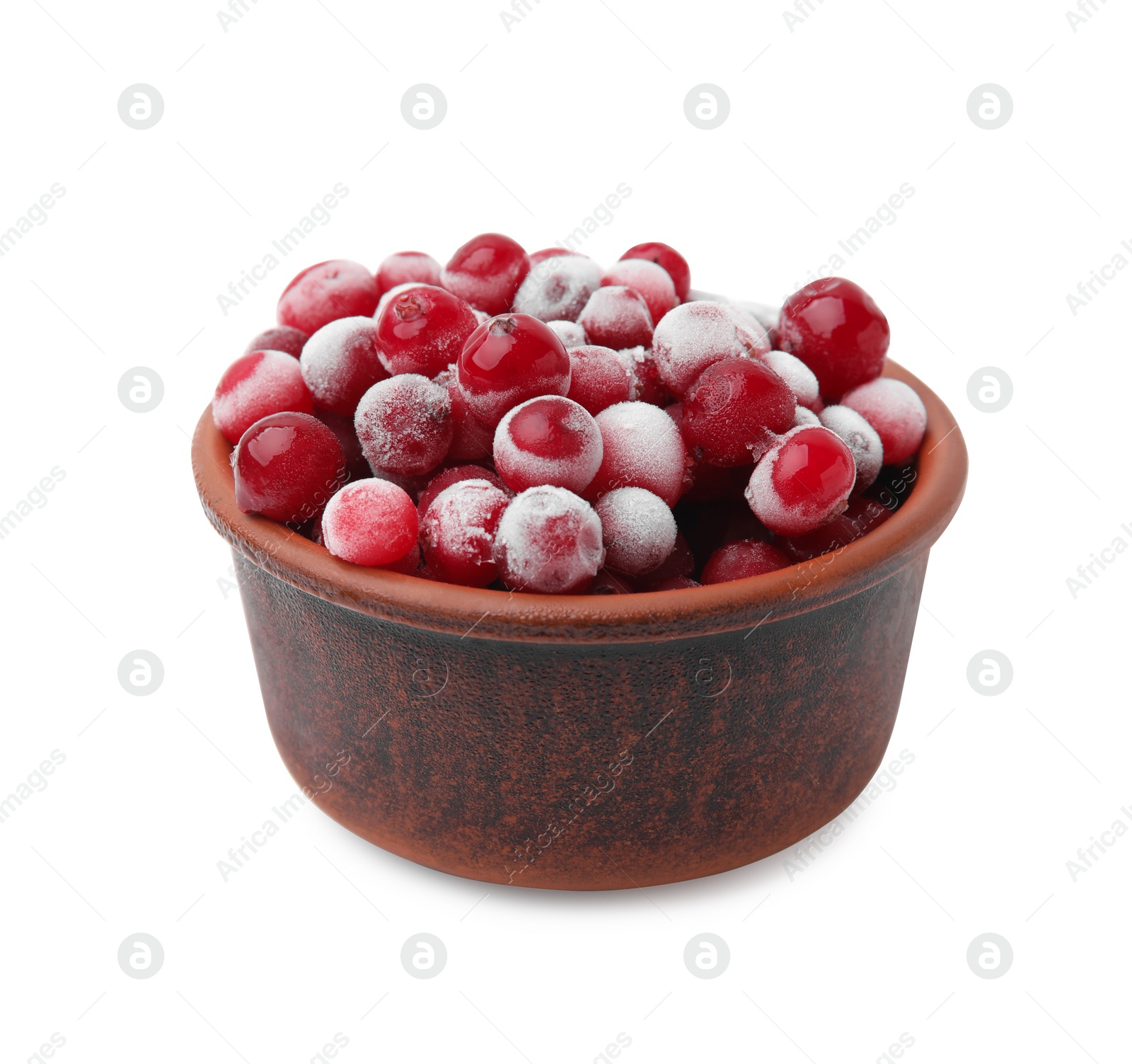 Photo of Frozen red cranberries in bowl isolated on white