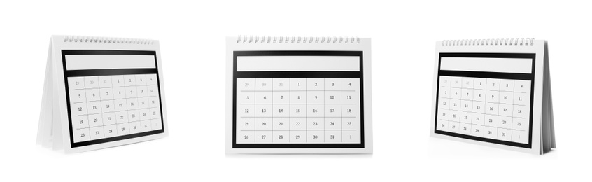 Collage of paper calendar on white background