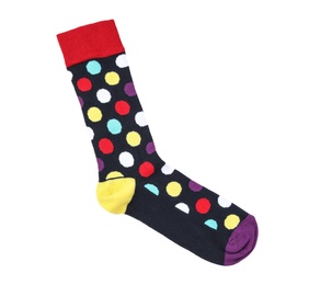 Photo of Colorful sock on white background, top view