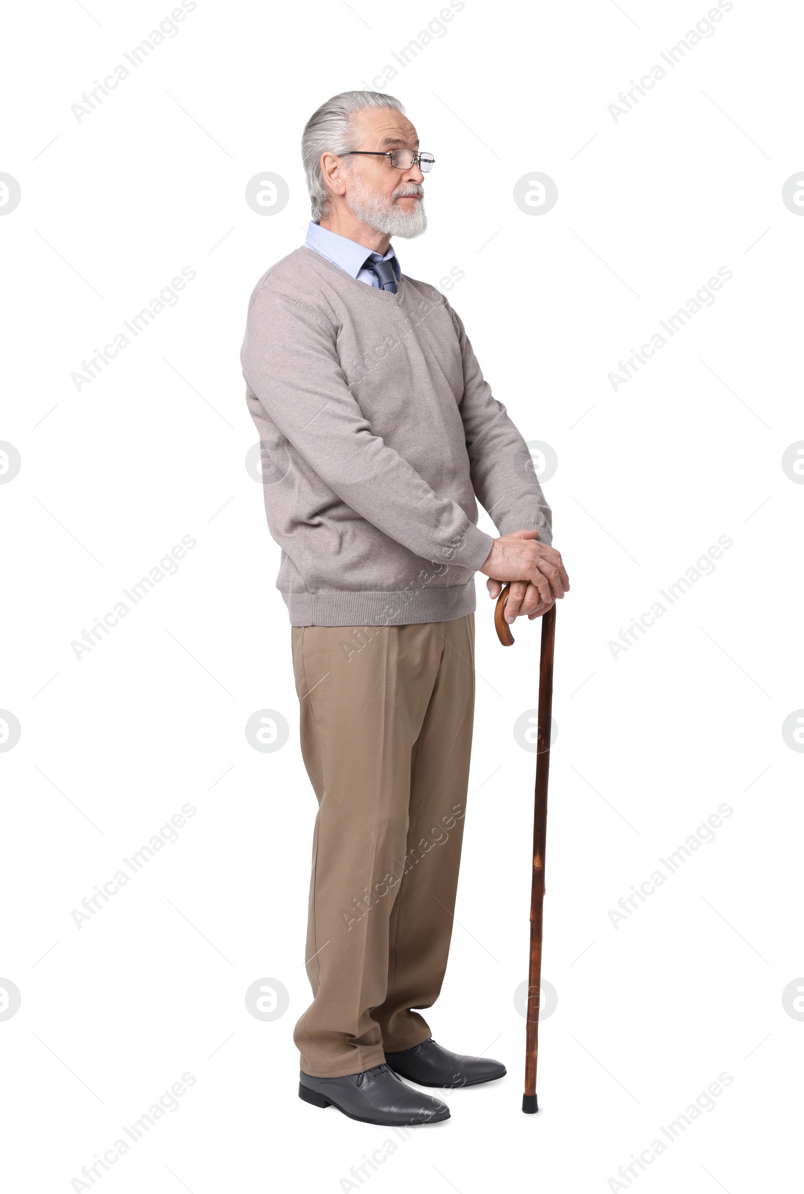 Photo of Senior man with walking cane on white background