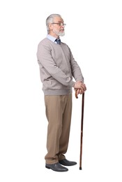 Senior man with walking cane on white background