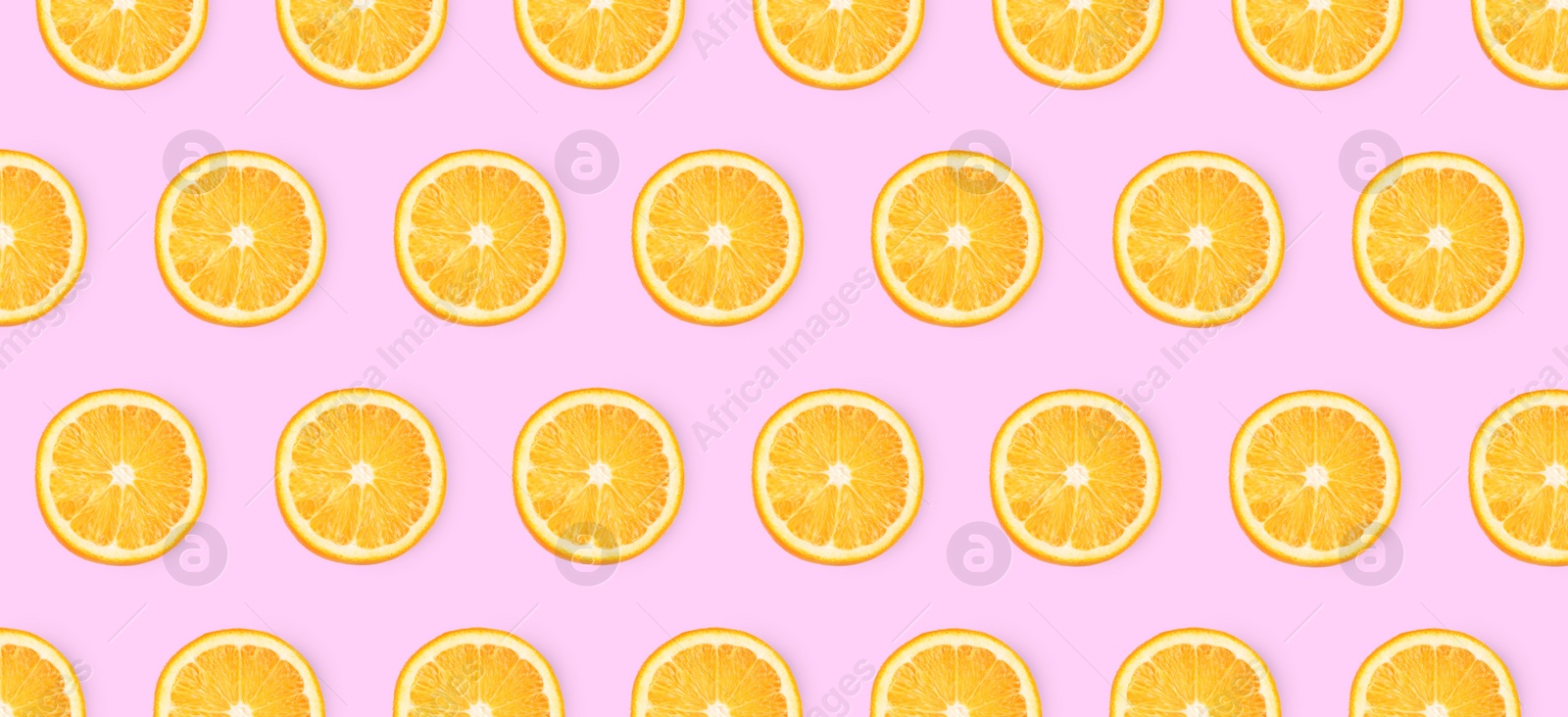 Image of Slices of oranges on pink background, flat lay. Banner design