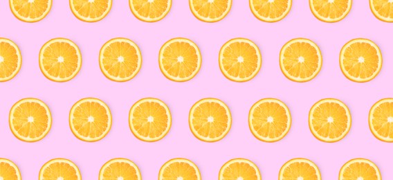 Image of Slices of oranges on pink background, flat lay. Banner design