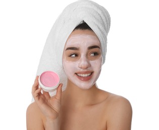 Photo of Woman with pomegranate face mask on white background