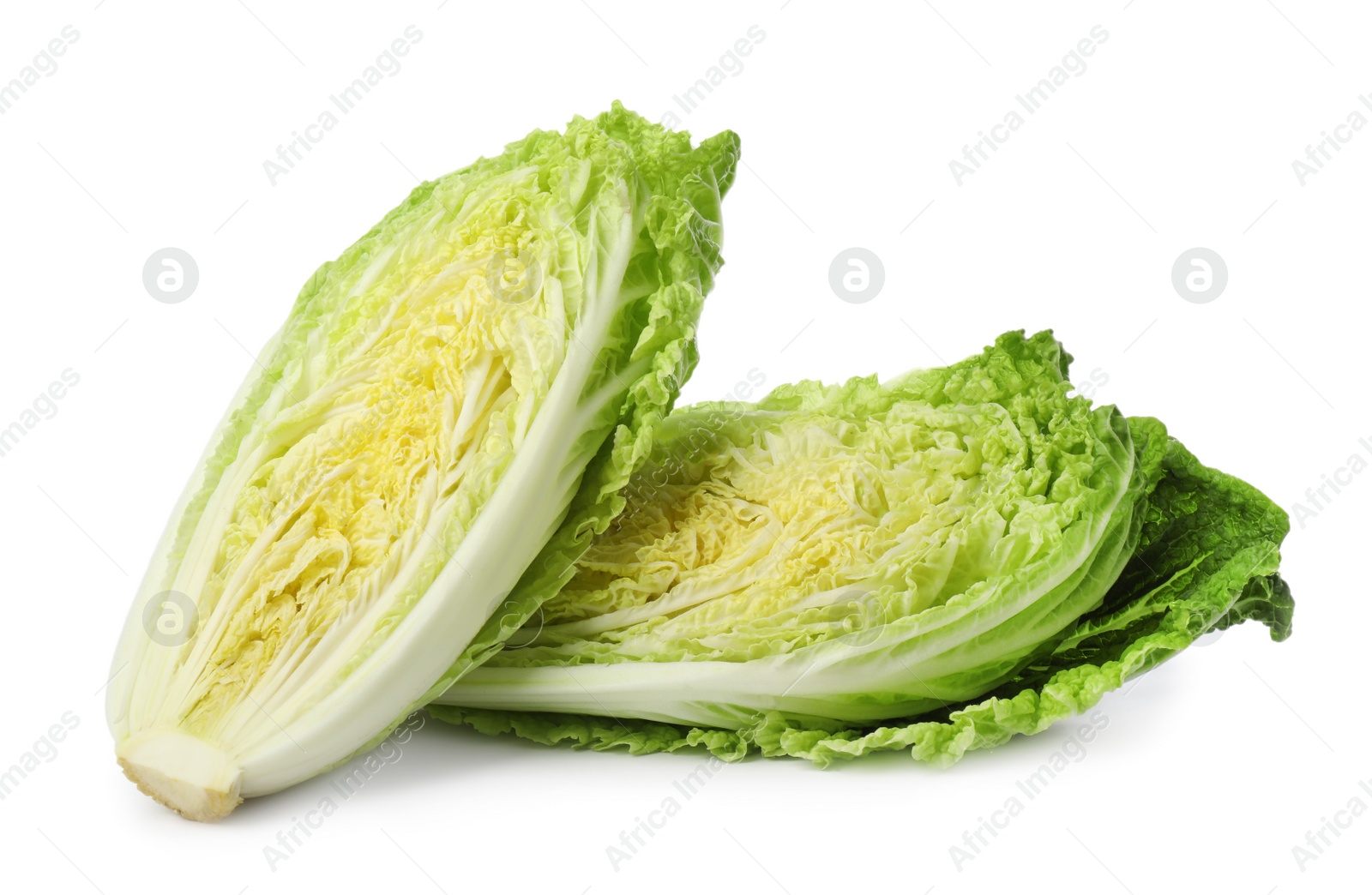 Photo of Cut fresh ripe Chinese cabbages on white background